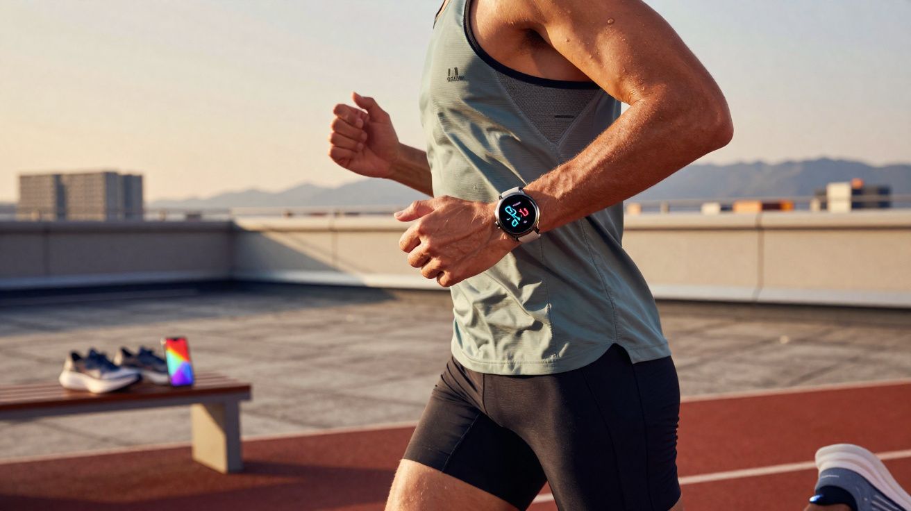Homem correndo em pista ao ar livre usando smartwatch e roupas esportivas.
