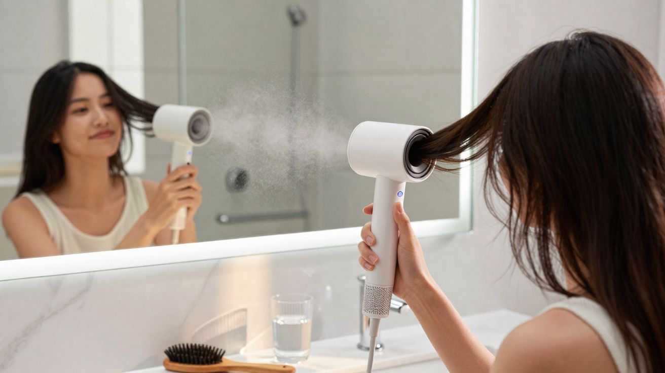 Mulher usando secador de cabelo moderno branco, olhando no espelho em banheiro claro.
