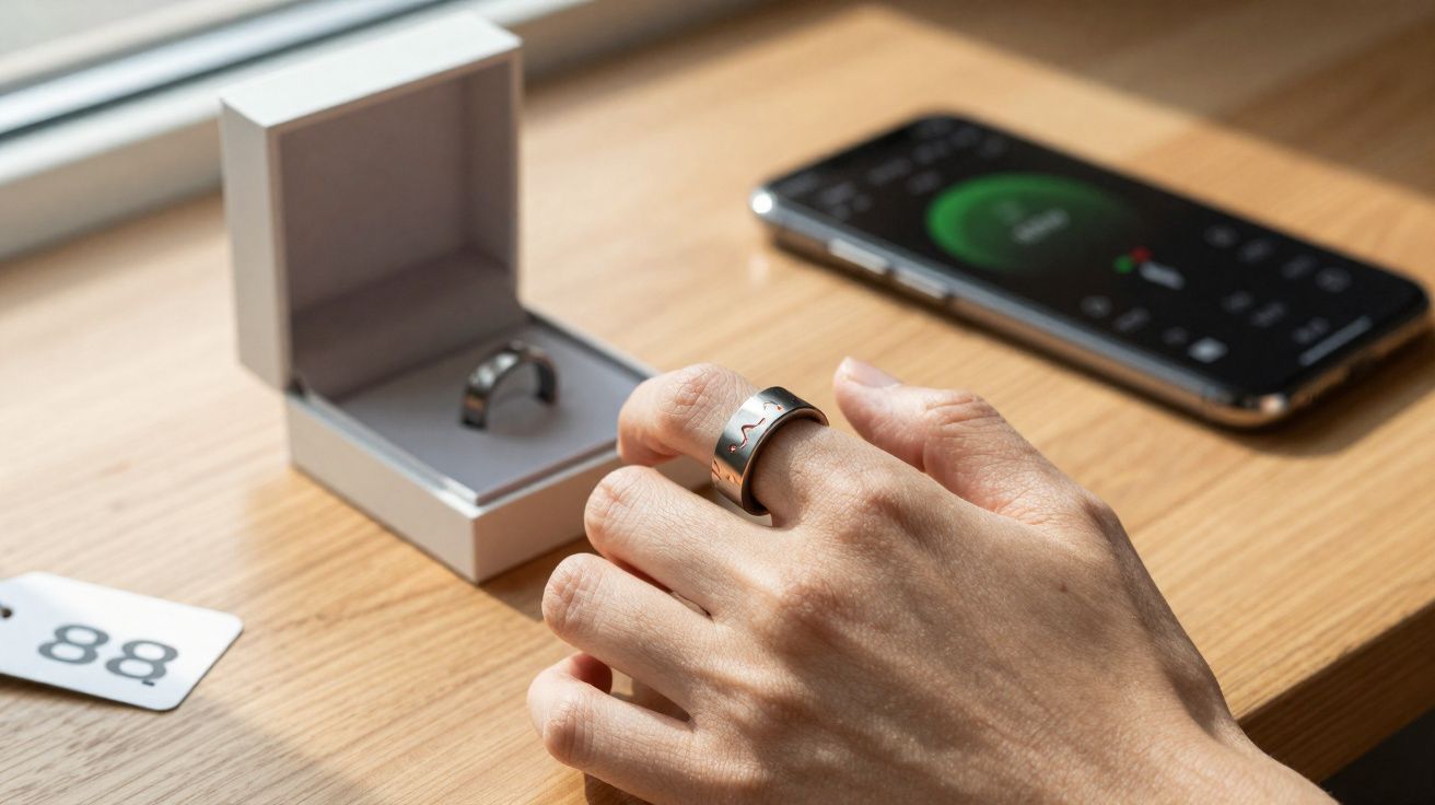 Mão com anel digital exibindo batimentos cardíacos, ao lado de caixa de anel e celular sobre mesa de madeira.
