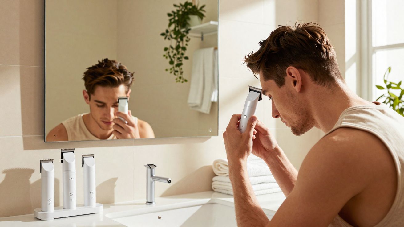 Homem cortando cabelo com máquina branca em frente ao espelho no banheiro bem iluminado.