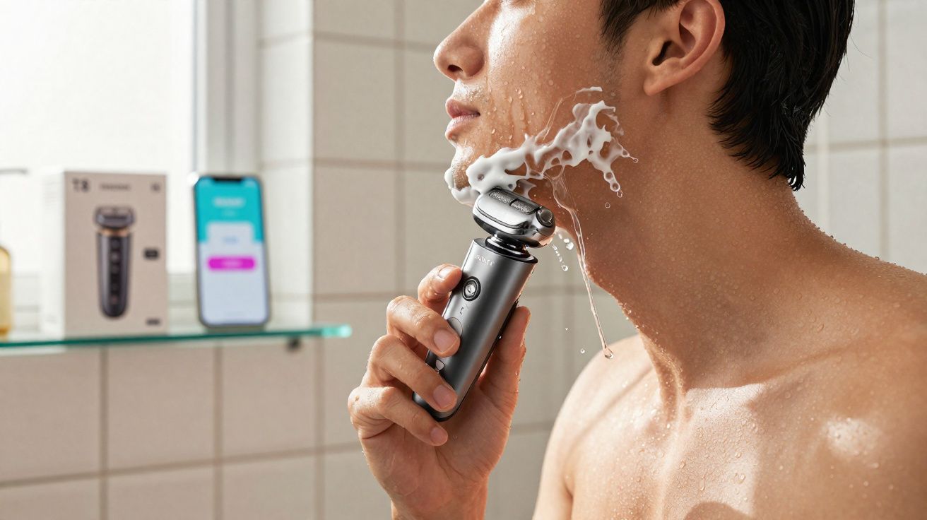 Homem usando barbeador elétrico com espuma no rosto em banheiro com parede de azulejos.