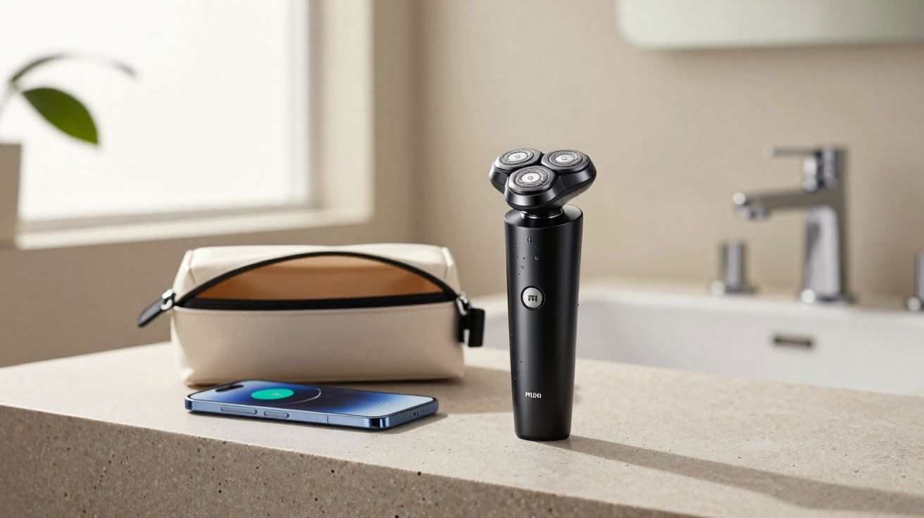 Barbeador elétrico preto, necessaire bege e smartphone sobre bancada de banheiro clara.