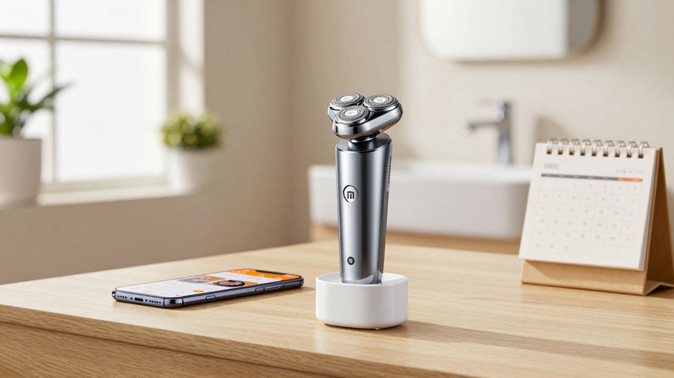 Aparador de barba elétrico em base de carregamento sobre mesa de madeira com celular e calendário.