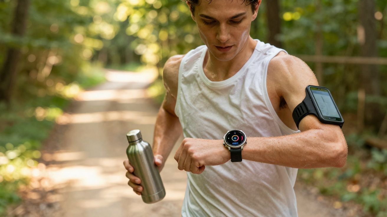 Homem correndo em trilha na floresta, usando relógio esportivo e segurando garrafa metálica.