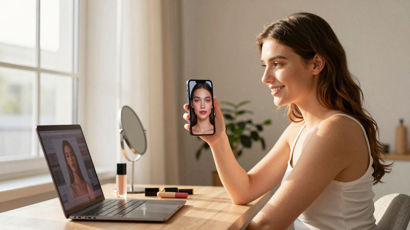 Mulher sorrindo faz vídeo chamada em celular, com laptop e produtos de maquiagem na mesa à sua frente.