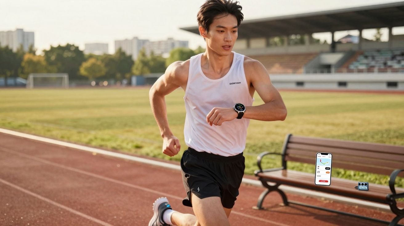Homem correndo em pista de atletismo usando relógio esportivo e monitorando atividade física.