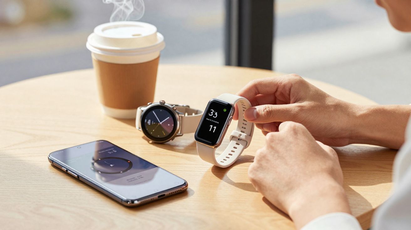 Pessoa segurando um smartwatch branco, ao lado de outro relógio, celular e copo de café em mesa de madeira.