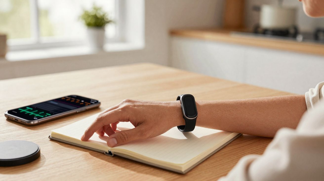 Pessoa com pulseira fitness lendo caderno aberto em mesa de madeira com celular ao lado.