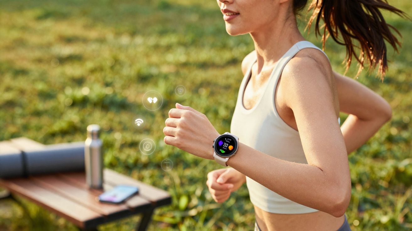 Mulher correndo ao ar livre usando relógio inteligente em atividade física matinal.