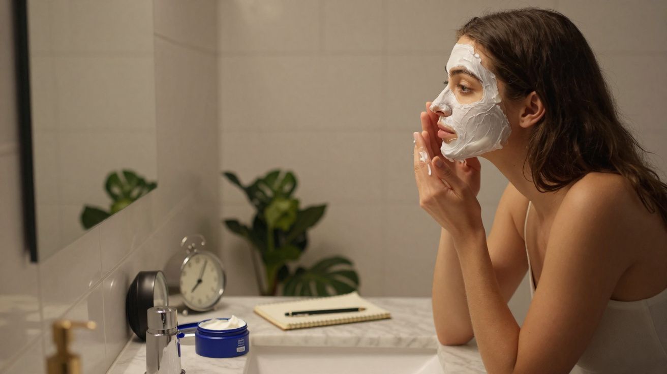 Mulher aplicando máscara facial branca em frente ao espelho no banheiro com produtos de skincare na pia.