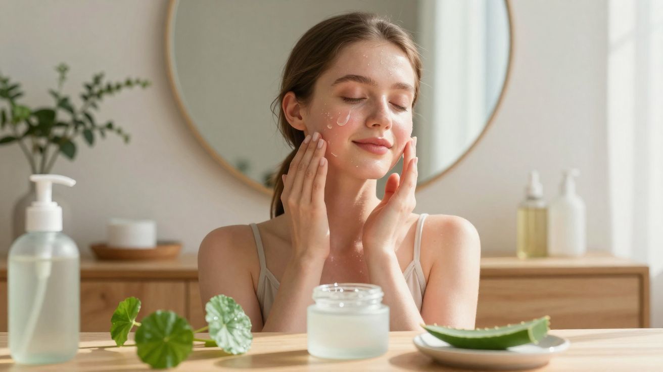 Jovem aplicando creme facial em um ambiente iluminado com planta e produtos de cuidados com a pele.