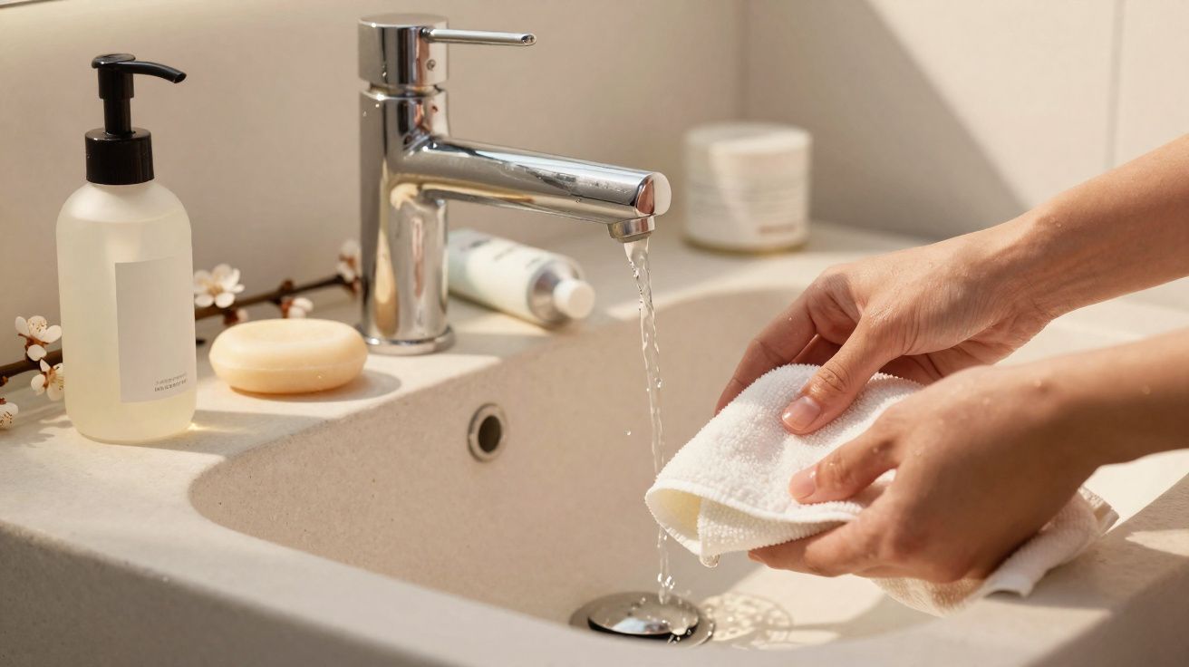 Pia com torneira de metal aberta, sabonete líquido, sabonete em barra e mãos secando pano branco.