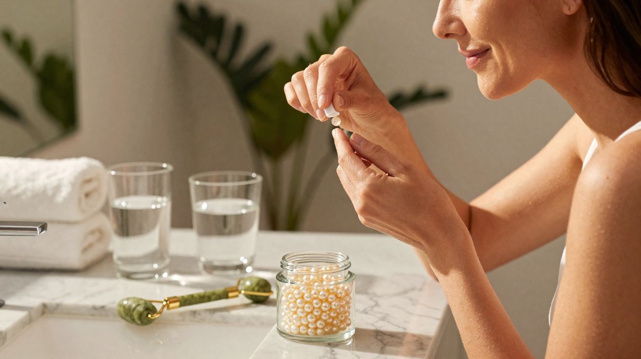 Mulher segurando cápsula de suplemento em banheiro com frasco de pérolas, copos d'água e toalhas.