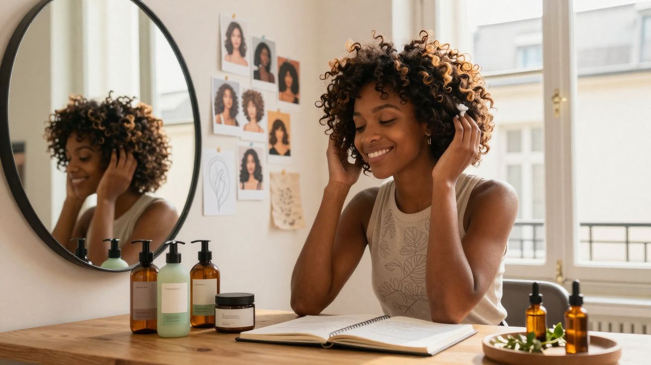 Mulher sorrindo com cabelo cacheado sentada à mesa com produtos de beleza e caderno aberto, em ambiente iluminado.