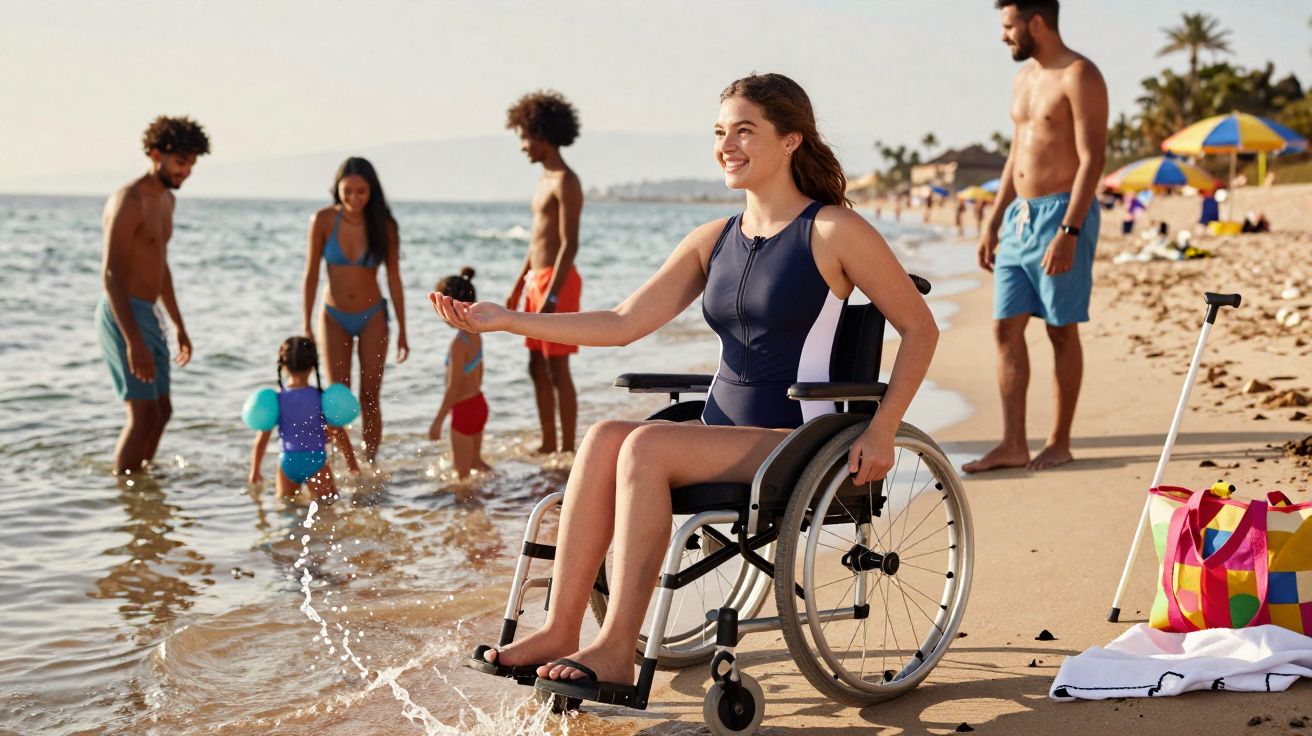 Mulher em cadeira de rodas sorri e toca água na praia, cercada por adultos e crianças ao fundo.
