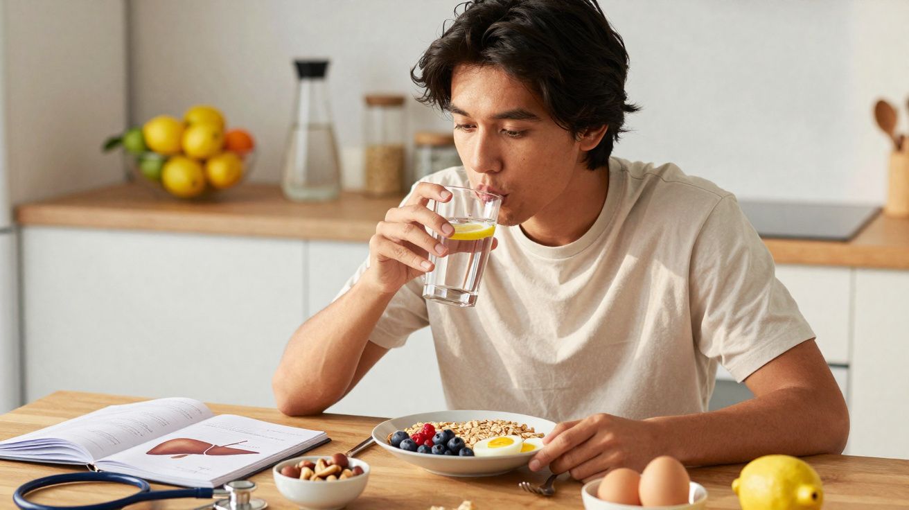 Jovem tomando água com limão enquanto come café da manhã saudável na cozinha.