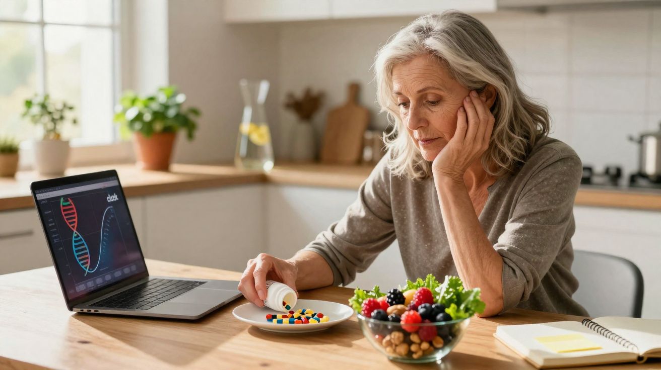 Mulher idosa sentada à mesa, olhando pílulas em prato, ao lado de laptop e frutas na cozinha.