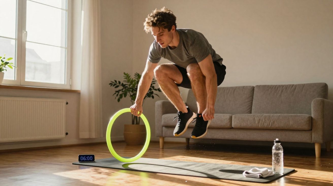 Homem fazendo exercício em salto sobre aro verde em sala com sofá e garrafa de água ao fundo.