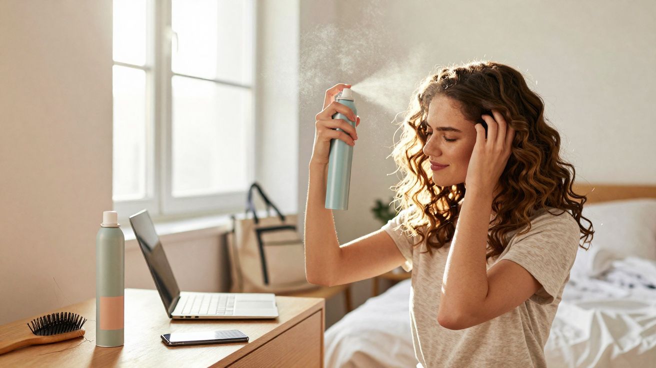 Mulher aplicando spray de cabelo enquanto se arruma em quarto bem iluminado durante o dia.