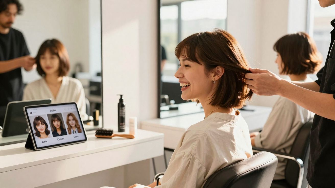 Mulher sorrindo em salão de beleza enquanto cabeleireiro ajeita seu cabelo curto na frente do espelho.