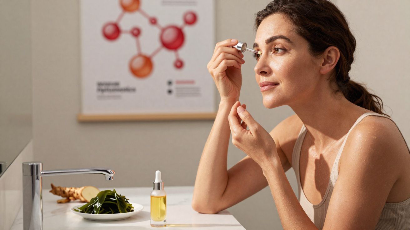 Mulher aplicando sérum facial com conta-gotas em ambiente iluminado com planta e espelho.