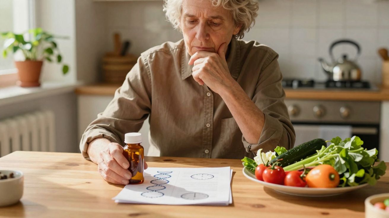 Idoso com expressão pensativa segurando frasco de remédio e olhando para gráficos numa mesa com legumes.