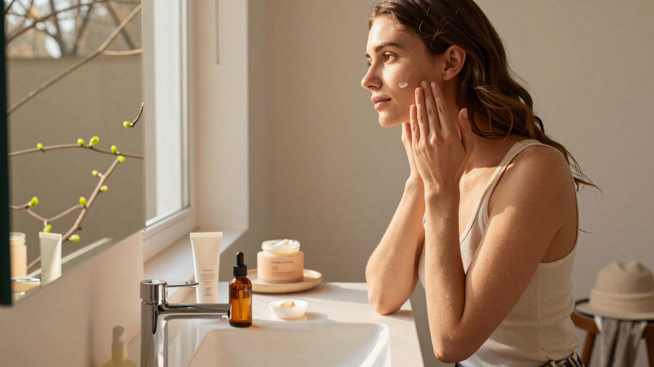 Mulher aplicando creme facial perto da pia em ambiente iluminado por luz natural.