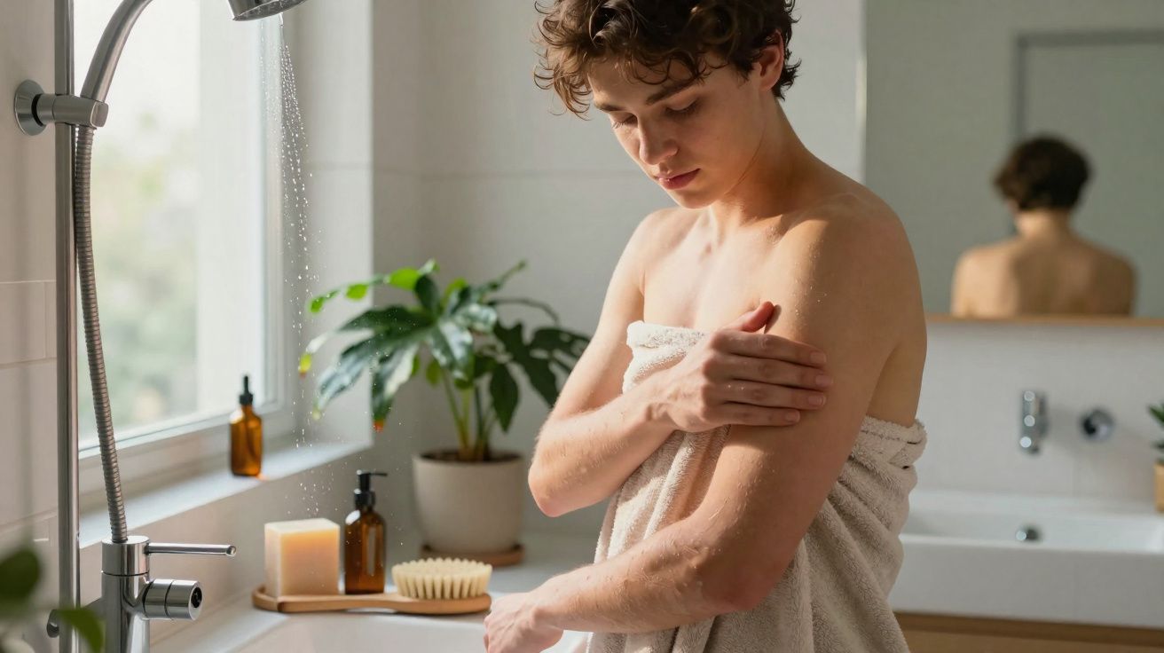 Jovem com toalha branca no banheiro, aplicando creme corporal perto do chuveiro e plantas.