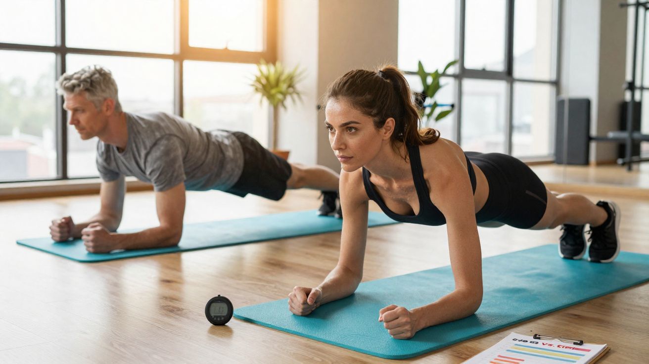 Homem e mulher fazendo prancha em tapetes de yoga em ambiente interno iluminado.