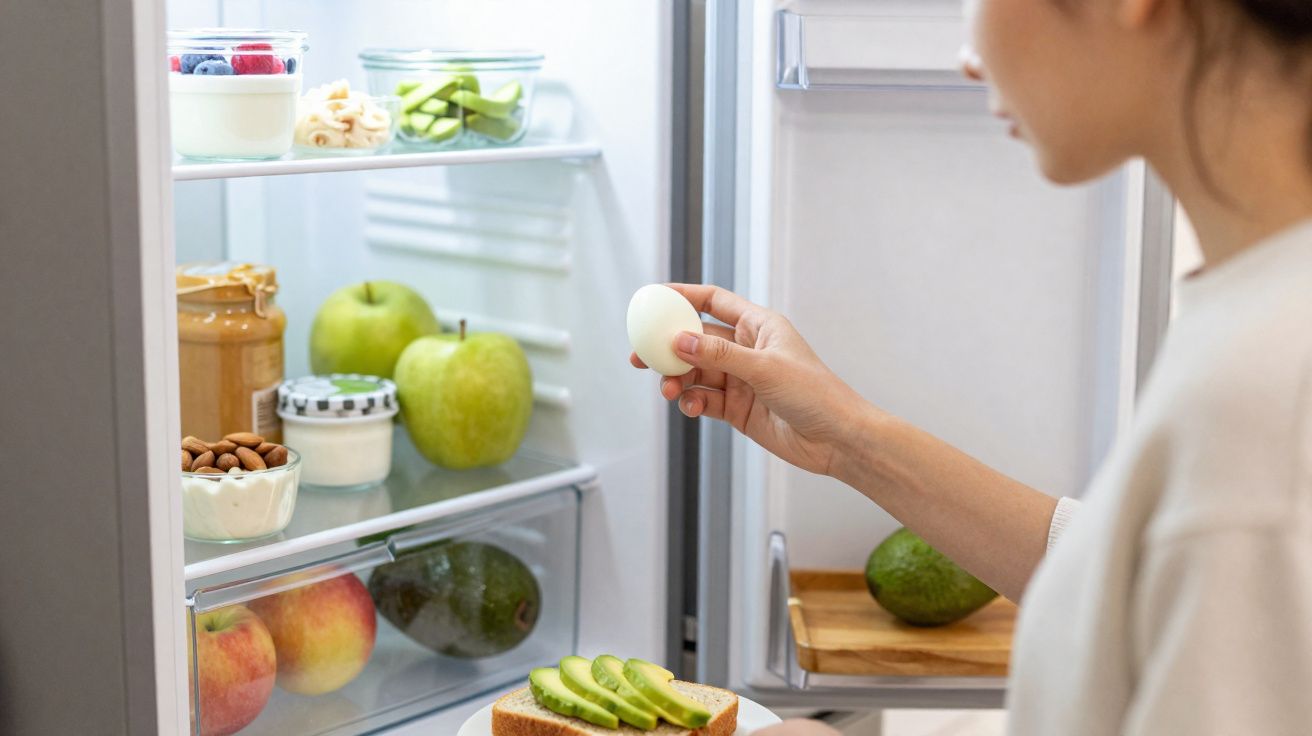 Pessoa segurando ovo cozido perto da geladeira aberta com frutas e alimentos saudáveis dentro.