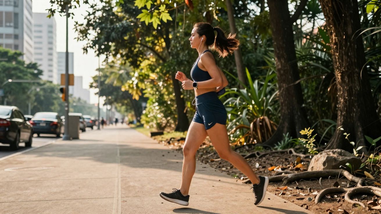 Mulher correndo em calçada urbana, ao lado de árvores e prédios ao fundo, usando roupas esportivas.