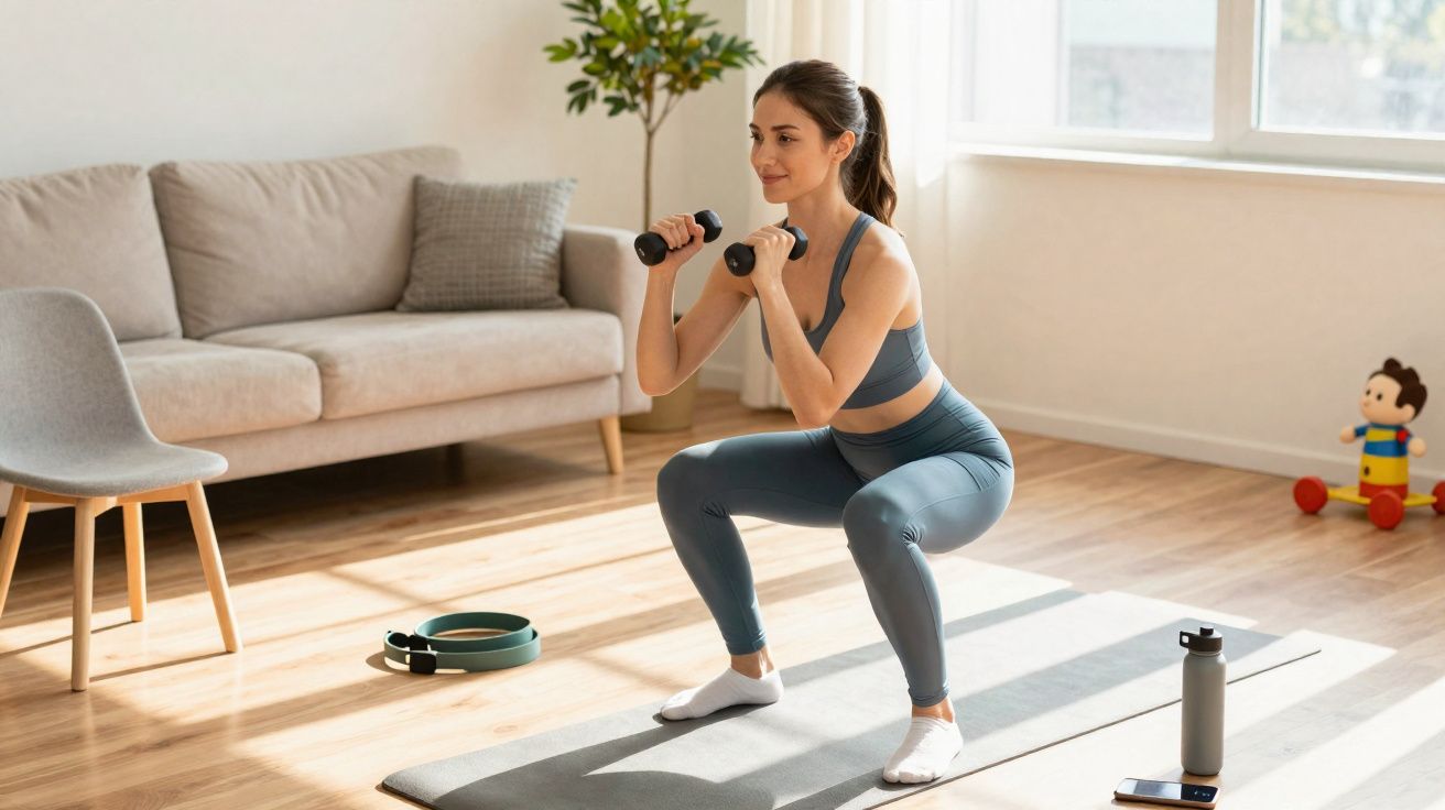 Mulher fazendo agachamento com halteres em sala de estar, iluminada pela luz natural.