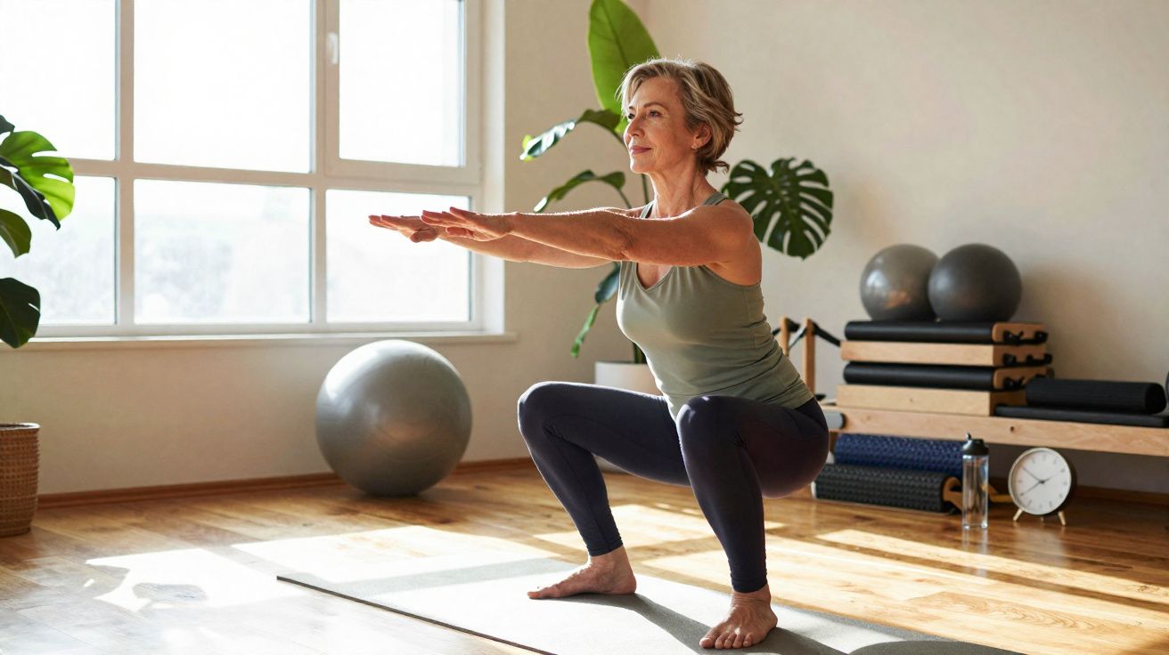 Mulher praticando agachamento em estúdio de yoga com luz natural e plantas ao fundo.