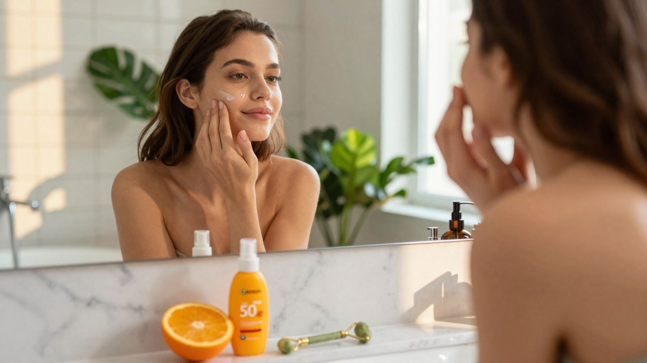 Mulher aplicando creme facial ao se olhar no espelho em banheiro iluminado com protetor solar e frutas na bancada.
