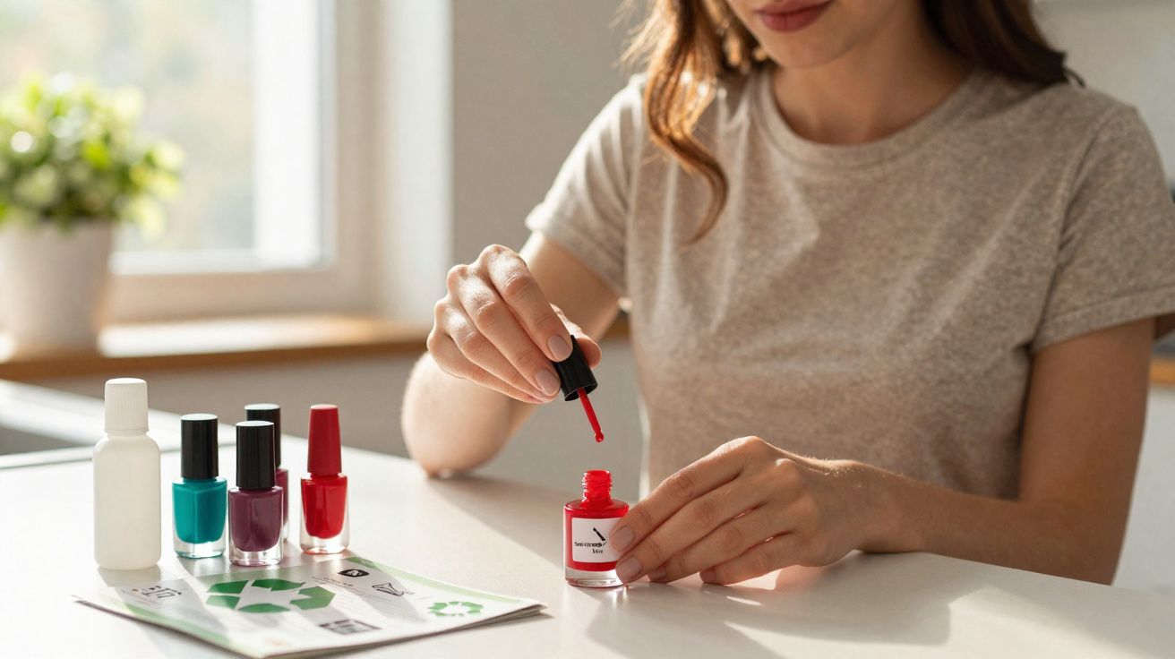 Mulher aplicando esmalte vermelho nas unhas com outros vidros de esmalte sobre a mesa branca.
