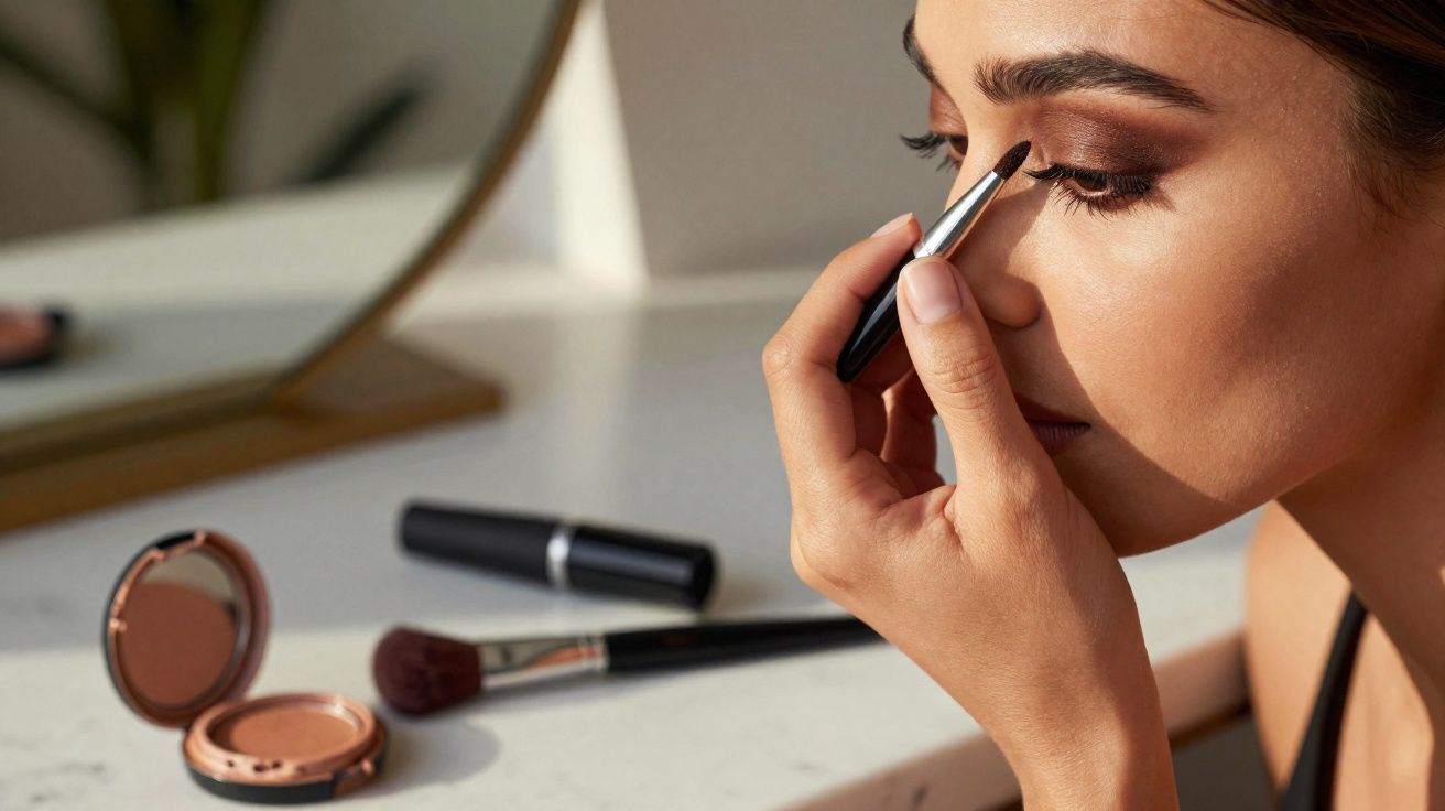 Mulher aplicando delineador com pincel, ao lado de maquiagem sobre bancada com espelho.