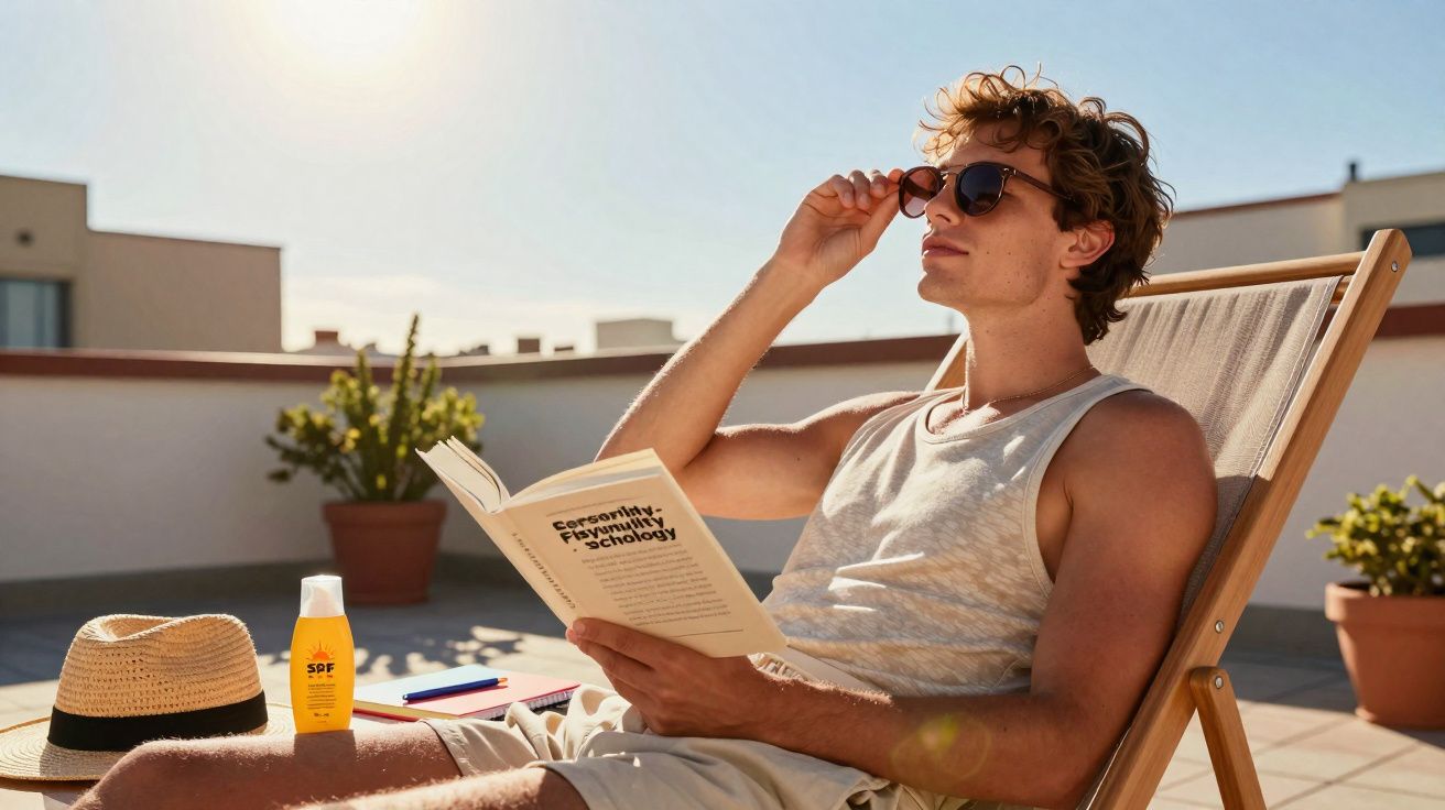 Homem relaxa em cadeira de praia lendo livro, usando óculos escuros sob sol em terraço.