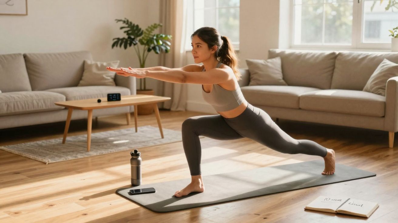Mulher praticando yoga com alongamento em sala de estar iluminada, com tapete, garrafa e celular no chão.