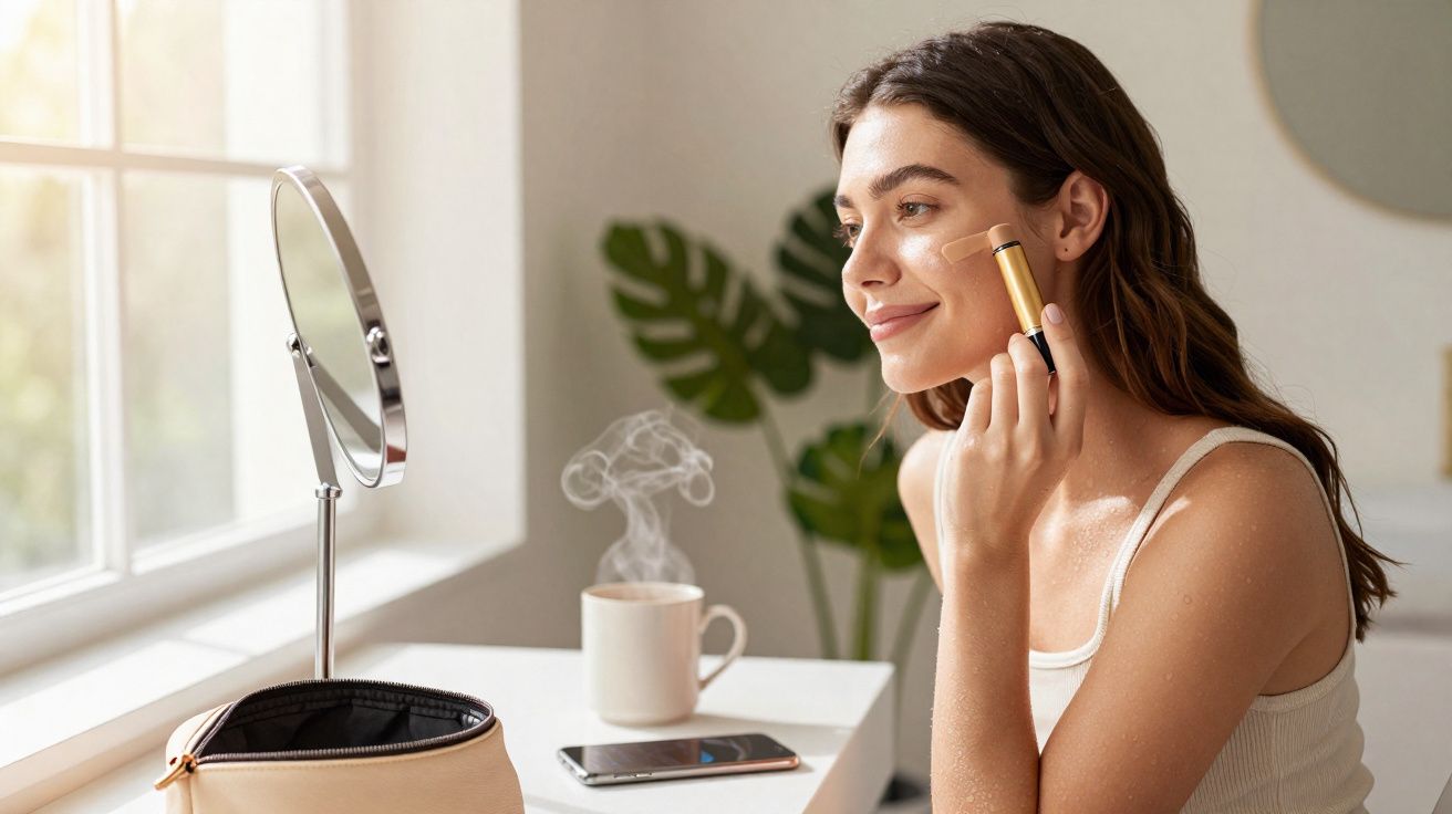 Mulher aplicando maquiagem no rosto sentada à mesa com espelho e xícara ao lado em ambiente iluminado.