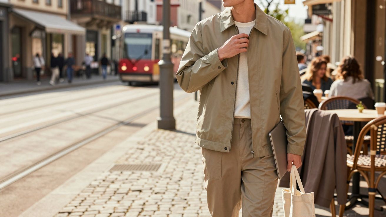 Homem vestido casual com jaqueta bege segurando bolsa ecológica e notebook em calçada urbana.