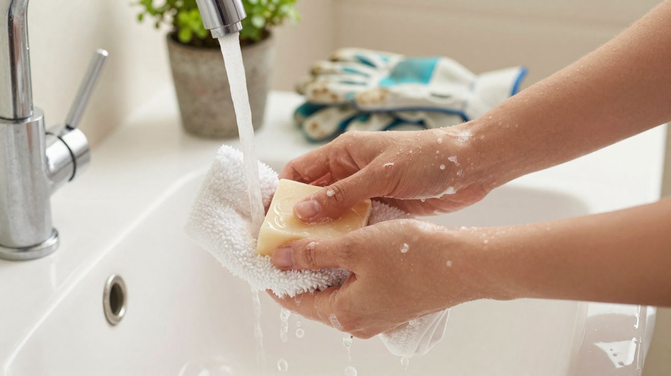 Mãos segurando sabonete e toalha branca sob torneira com água corrente em pia branca.
