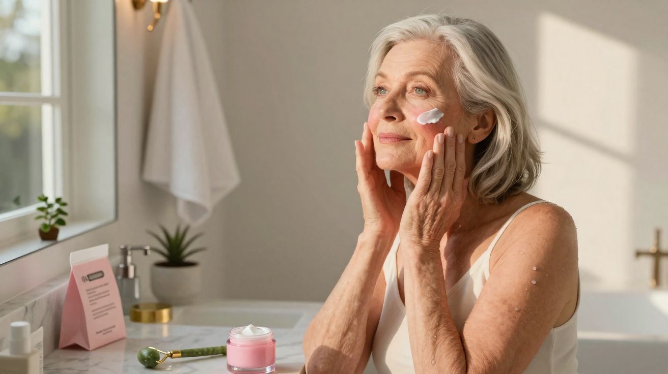 Mulher idosa aplicando creme facial enquanto está sentada em banheiro iluminado pelo sol.
