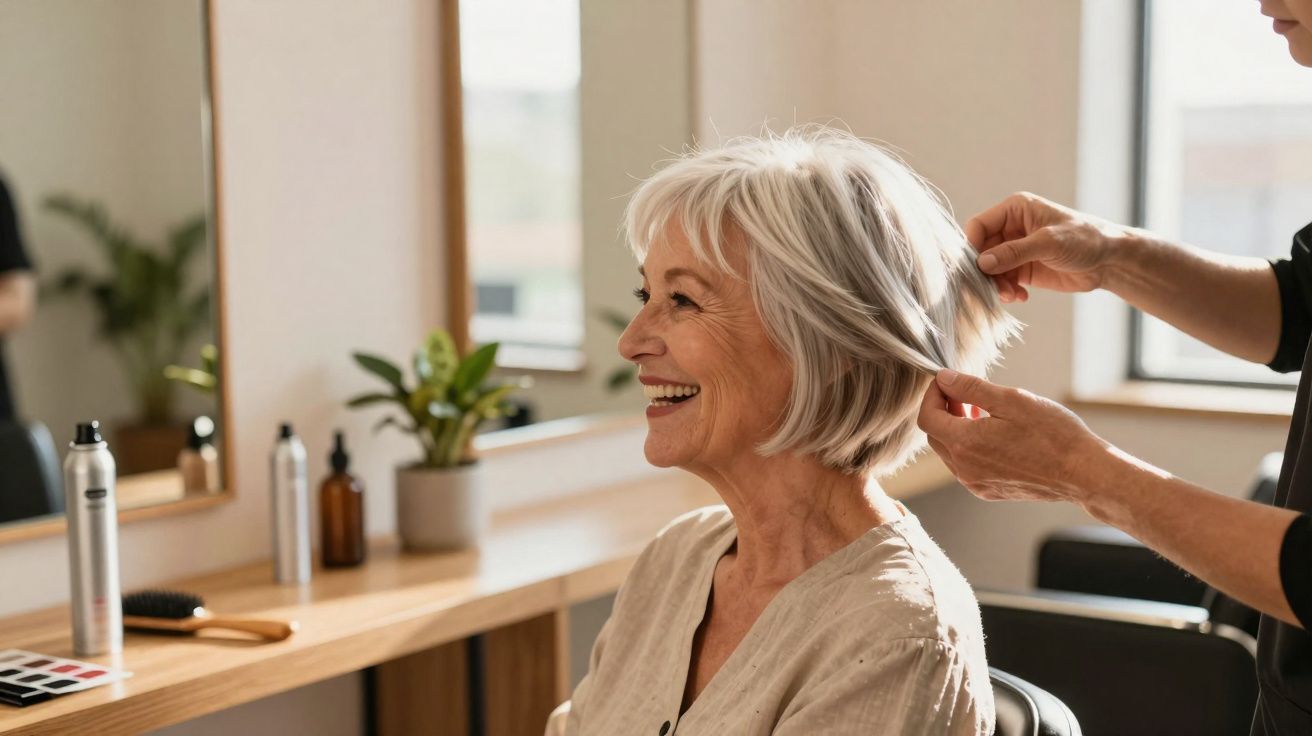 Mulher idosa sorridente recebendo corte de cabelo em salão moderno com espelhos e planta.
