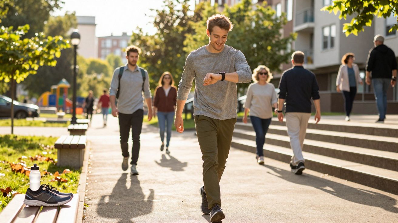 Homem caminhando em parque urbano olhando relógio com várias pessoas ao fundo em dia ensolarado.
