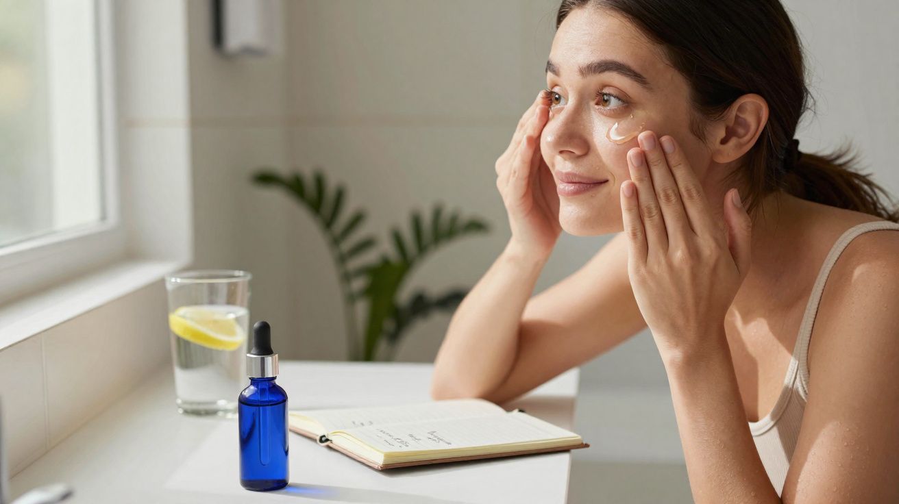 Mulher aplicando creme no rosto com frasco azul, caderno aberto e copo com água e limão à mesa.