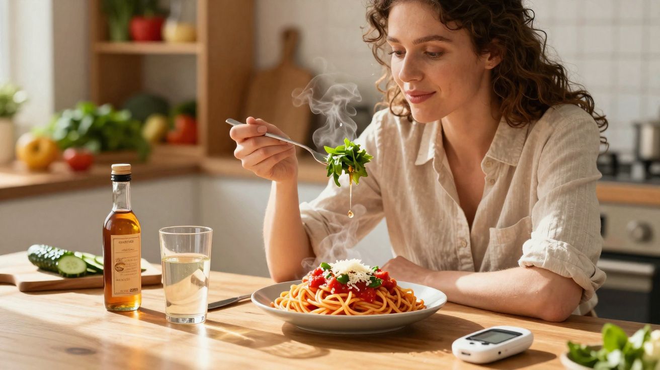 Mulher sentada à mesa com prato de espaguete, brindando comida quente e saudável na cozinha.