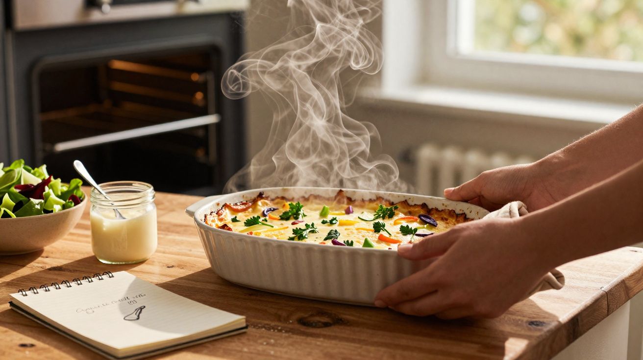 Mãos seguram travessa com lasanha quente e fumegante sobre mesa de madeira com salada e caderno.