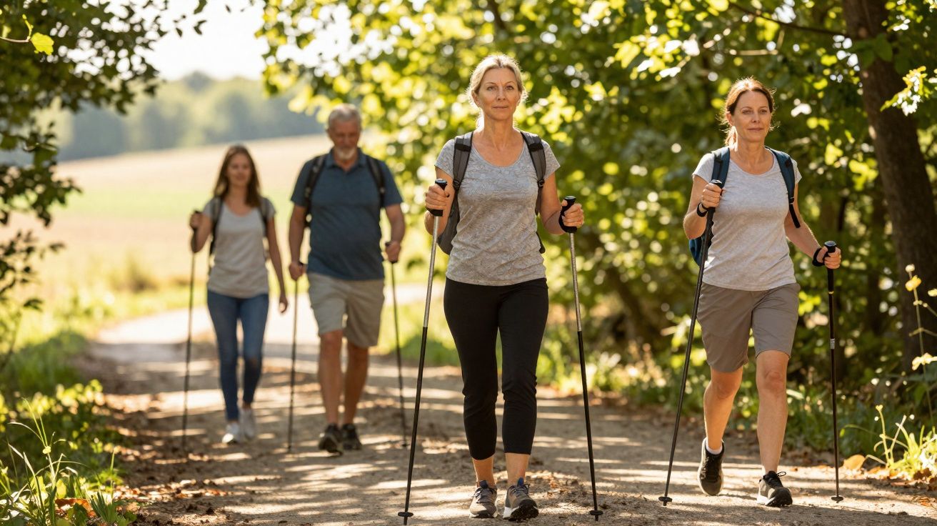 Grupo de quatro adultos fazendo caminhada com bastões em trilha de área verde ensolarada.