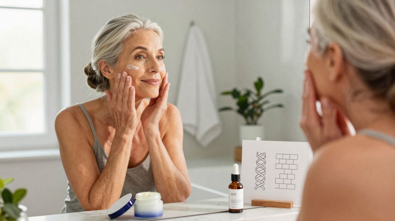 Mulher madura aplica creme facial olhando no espelho em banheiro bem iluminado.