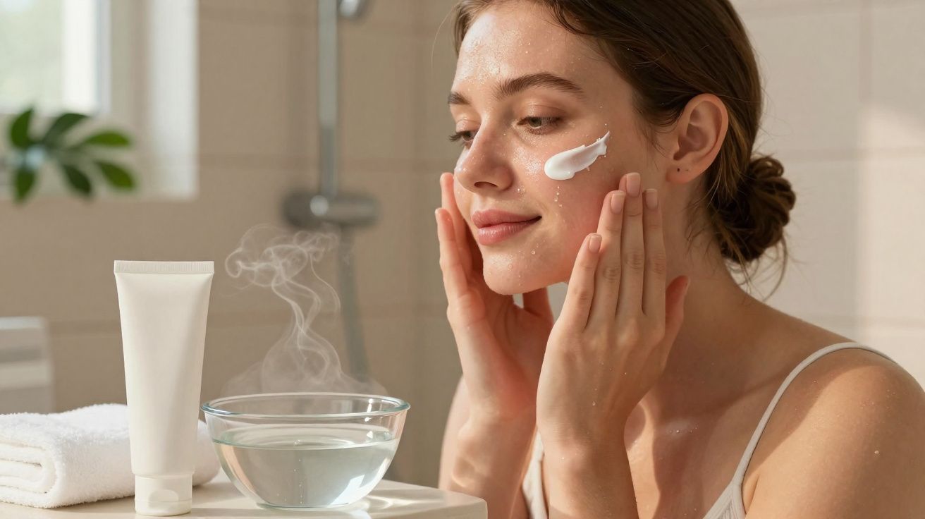 Mulher aplicando creme facial após abrir os poros com vapor de bacia de água quente no banheiro.